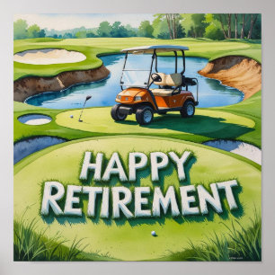 Poster Terrain de golf avec texte Happy Retirez sur vert