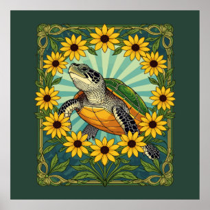 Poster Terrapin Et Fleurs De Susan Aux Yeux Noirs Art Nou