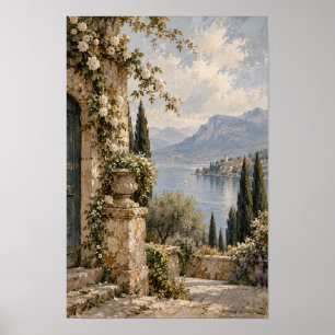 Poster Terrasse en pierre au bord du lac avec roses blanc