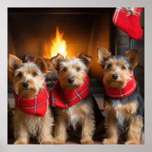 Poster Terrier Australien au coin de la cheminée Noël