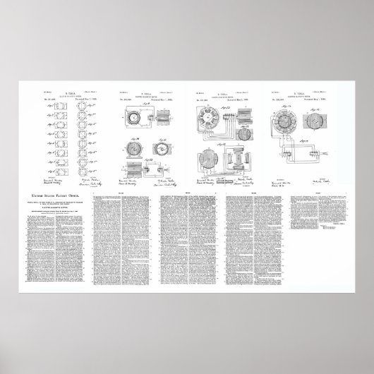 Poster Tesla Elecro-Magnet Motor Patent US381968 p 1-9 (Devant)