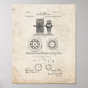 Poster Tesla Electro Magnetic Motor Patent - Old Look