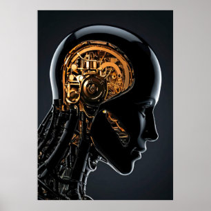 Poster Tête de cyborg noir cerveau mécanique doré futuris