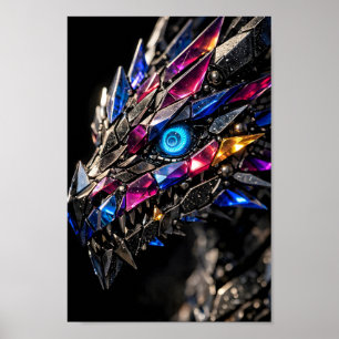 Poster Tête de dragon cristal mécanique fantasy colorée