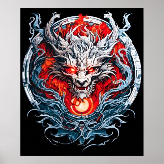 Poster Tête de dragon mythique de la flamme rouge (Devant)