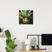 Poster Tête de dragon turquoise et or (Bureau à domicile)