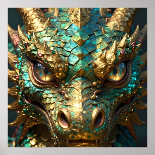 Poster Tête de dragon turquoise et or (Devant)