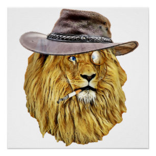 Poster Tête de lion coolée avec chapeau, cigarette et mon