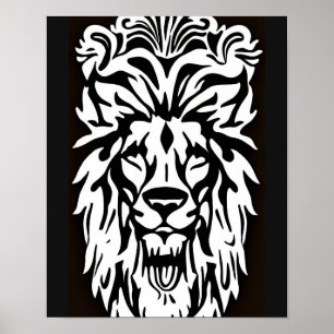 Poster Tête de lion noir et blanc gravure regal