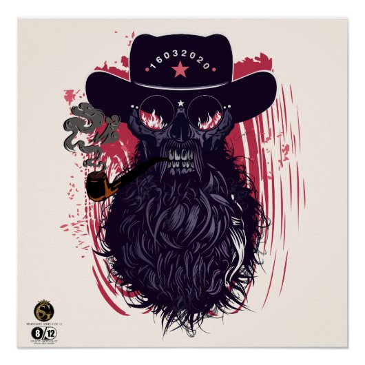 Poster Tête de mort hipster skulls cowboy fume pipe (Devant)