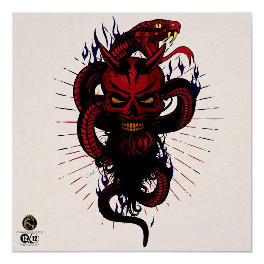 Poster Tête de mort hipster skulls serpent tattoo diable (Devant)