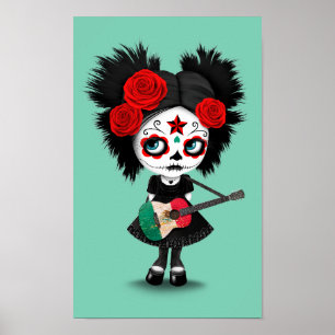 Poster Tête de sucre Jouer Drapeau Mexicaine Guitare