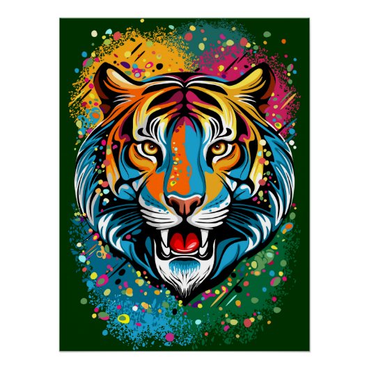 Poster Tête de tigre couleurs arc-en-ciel peinture taches (Devant)