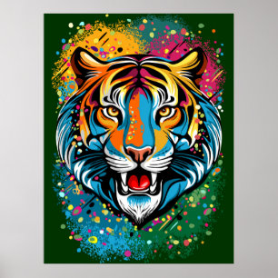 Poster Tête de tigre couleurs arc-en-ciel peinture taches