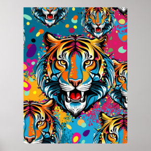 Poster Tête de tigre couleurs arc-en-ciel peinture taches