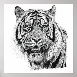 Poster Tête de tigre pointillisme noir et blanc Art fauni