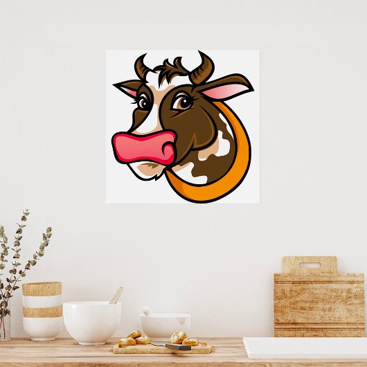 Poster Tête de vache Brown joueuse avec nez rose