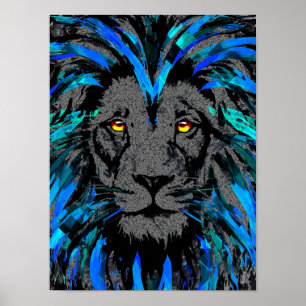 Poster Tête Lion Bleue - Portrait Lion - Visage Lion