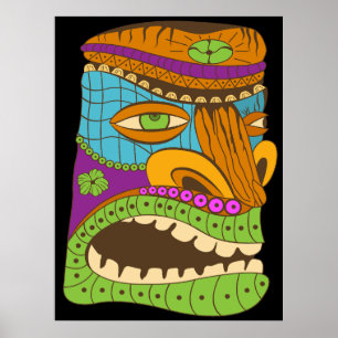 Poster Tête Tiki Colorée sur Fond Exotique, Noir