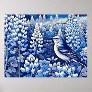 Poster Texas Bluebonnets et Northern Mockingbird Texan