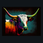 Poster Texas Longhorn Cow Pop Art Print<br><div class="desc">Perfect for adding a touch of rustic charm to any space, this Longhorn pop art poster print is a must-have for Texas enthusiasts and art lovers alike. Printed on premium quality paper, it's guaranteed to look stunning in any frame or display. The Pop Art Longhorn poster print is a tribute...</div>