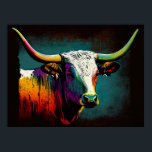 Poster Texas Longhorn Cow Pop Art Print<br><div class="desc">Perfect for adding a touch of rustic charm to any space, this Longhorn pop art poster print is a must-have for Texas enthusiasts and art lovers alike. Printed on premium quality paper, it's guaranteed to look stunning in any frame or display. The Pop Art Longhorn poster print is a tribute...</div>