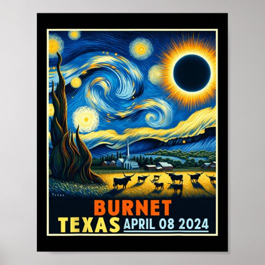 Poster Texas Total Solar Eclipse 2024 Starry Night (Devant)