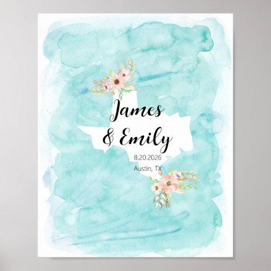 Poster Texas Watercolor Wedding Guest Book Alternative (Devant)