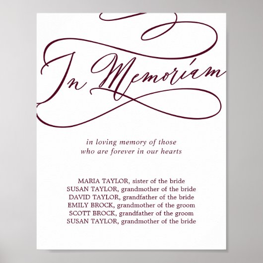Poster Texte romantique bordeaux pour un mariage In Memor (Devant)