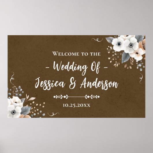 Poster Texture de papier kraft faux mariage floral rustiq (Devant)