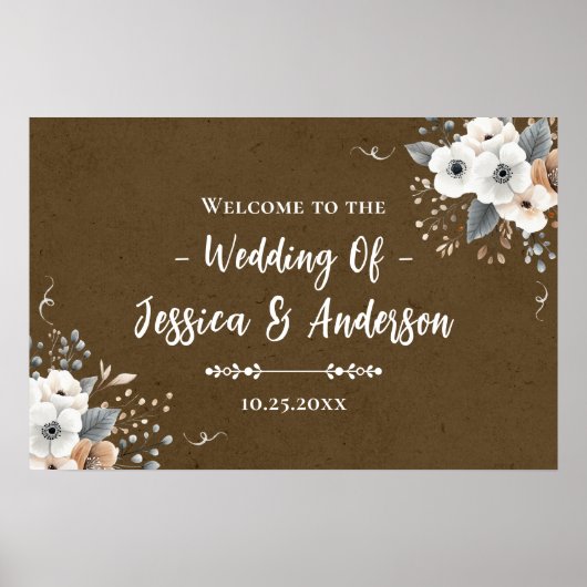 Poster Texture de papier kraft faux mariage floral rustiq (Devant)