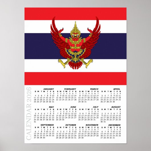 Poster Thailand 2026 Calendar, Large, Thai Flag (Devant)