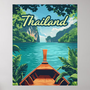 Poster Thaïlande Tropical Island Long Tail Boat Vintage