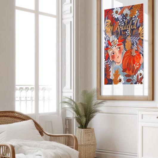 Poster Thankesgiving automne feuilles fille orange