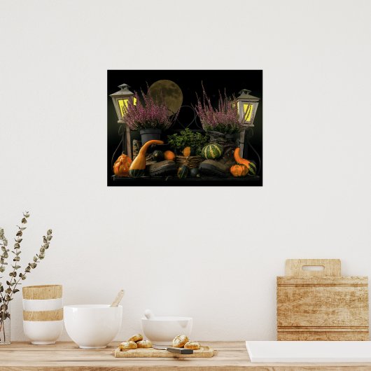 Poster Thanksgiving Day Scene with Bench and Fall Harvest (Cuisine)