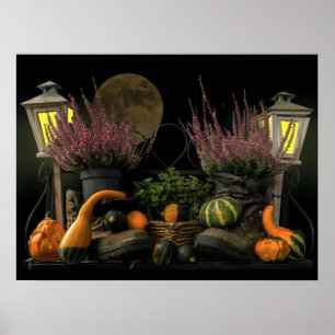 Poster Thanksgiving Day Scene with Bench and Fall Harvest