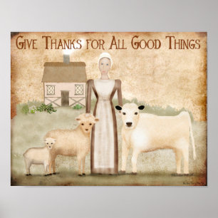 Poster Thanksgiving Folk Art Pilgrim hôtesse cadeau faveu