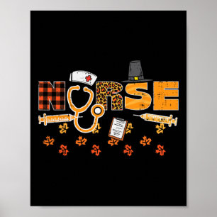 Poster Thanksgiving Leopard Plaid Nurse Scrub d'automne T