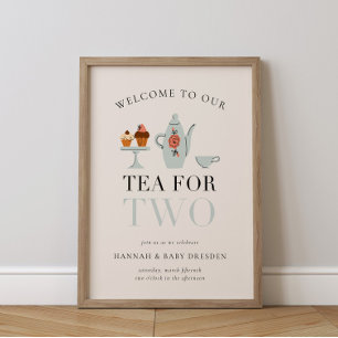 Poster Thé pour deux Baby shower bleu Tea Party