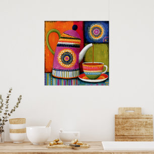Poster Théière d'art populaire colorée