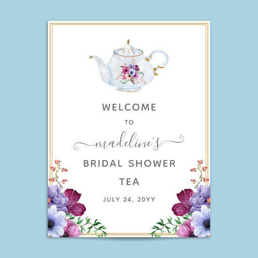 Poster Théière Fleurs Bienvenue à la Mariée