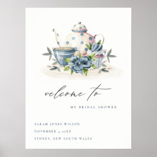 Poster Théière florale bleue aqua Tasses Accueil de la Ma