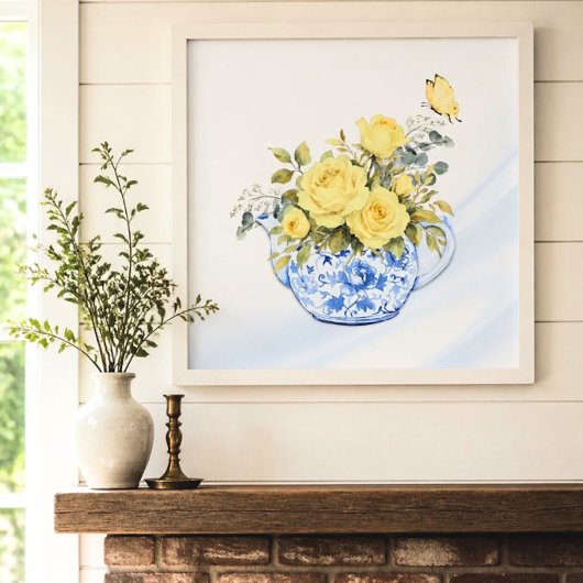 Poster Théière jaune rose bleu et blanc