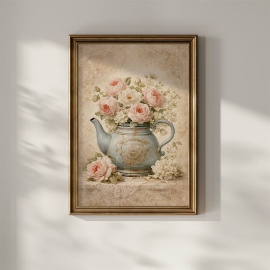 Poster Théière vintage avec roses