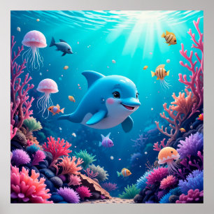 Poster Thème dauphin récif corallien aquarium océanique i