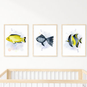 Poster Thème Océanique Poisson Tropical Bleu de Style Aqu