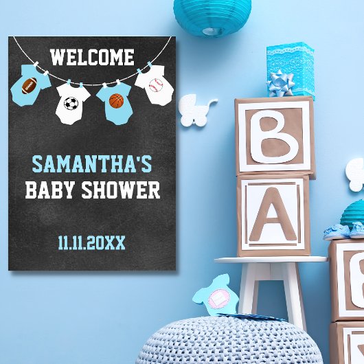 Poster Thème sportif Chalkboard Blue Boy Baby shower