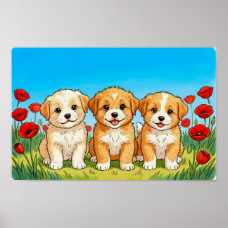 Poster Three Cute Puppies & Red Poppies