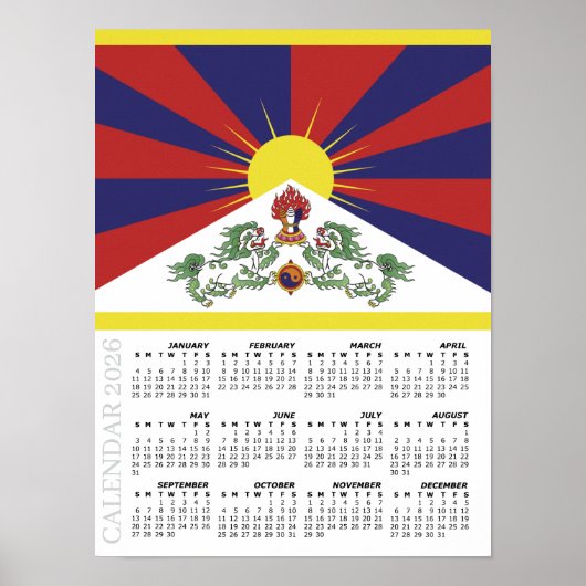 Poster Tibet 2026 Calendar, Large, Tibetan Flag (Devant)
