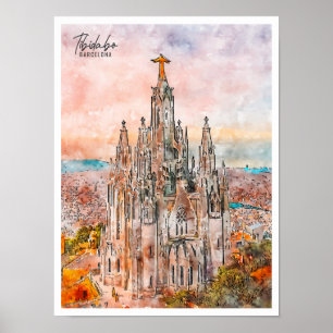 Poster Tibidabo Barcelone aquarelle vintage de voyage